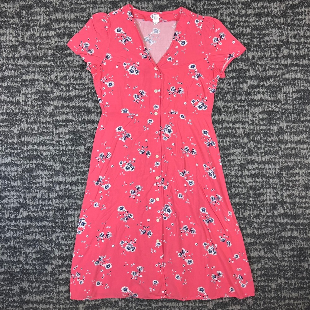 Gap Dress Womens M Petite Button-down Pink Floral Short Sleeve Rayon V-Neck